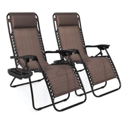 Set of 2 Adjustable Zero Gravity Patio Chair Recliners w/ Cup Holders, Brown - Lot 670
