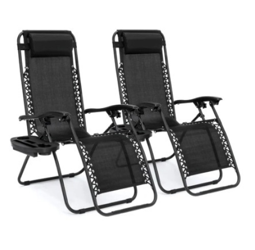Set of 2 Adjustable Zero Gravity Patio Chair Recliners w/ Cup Holders, Black - Lot 671