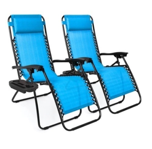 Set of 2 Adjustable Zero Gravity Patio Chair Recliners w/ Cup Holders, Aqua Blue - Lot 672