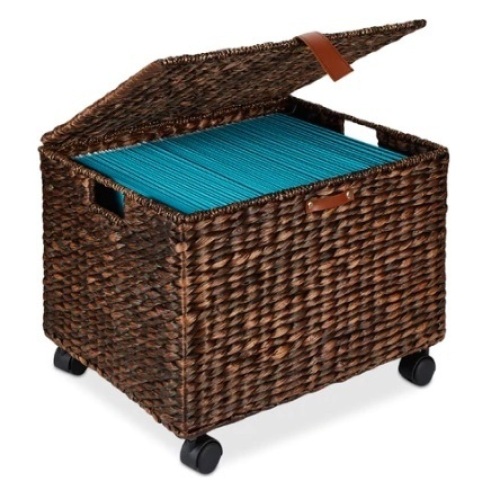 Mobile Water Hyacinth Rolling Filing Cabinet Storage Basket w/ Lid, Wheels, Brown - Lot 679