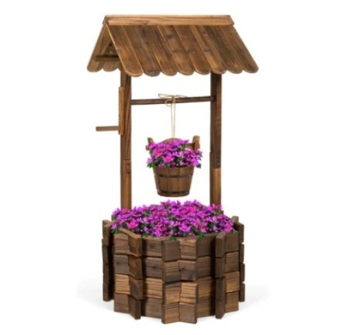 Rustic Wooden Wishing Well Planter Yard Decoration w/ Hanging Bucket - Lot 686