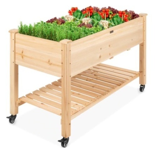 Mobile Raised Garden Bed Elevated Wood Planter w/ Wheels, Storage Shelf - Lot 693