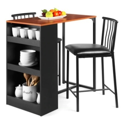 3-Piece Counter Height Kitchen Dining Table Set w/ Storage Shelves, Espresso - Lot 696