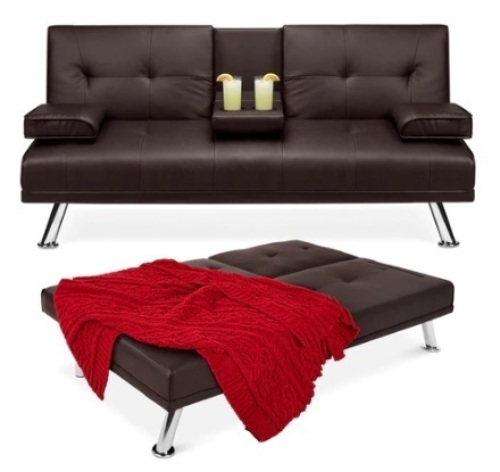 Faux Leather Upholstered Convertible Sofa Bed Futon w/ 2 Cupholders, Brown - Lot 146