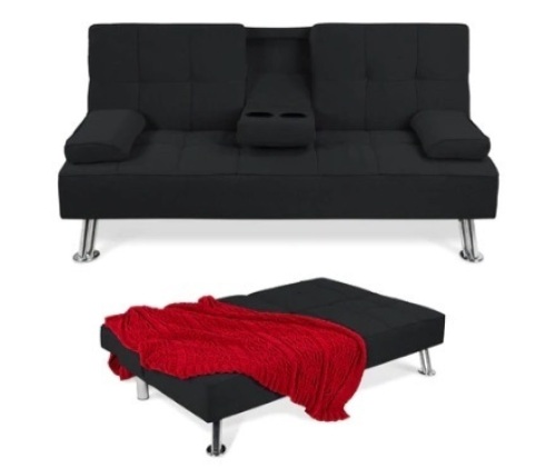 Linen Upholstered Convertible Sofa Bed Futon w/ 2 Cupholders, Black - Lot 147