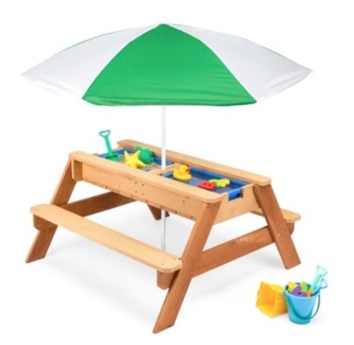 3-in-1 Kids Sand & Water Table Outdoor Wood Picnic Table w/ Umbrella, Green - Lot 149
