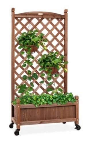 Wood Planter Box & Lattice Trellis w/ Drainage, Optional Wheels, 60in - Lot 170