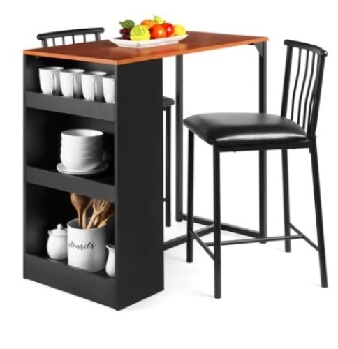 3-Piece Counter Height Kitchen Dining Table Set w/ Storage Shelves, Espresso - Lot 175