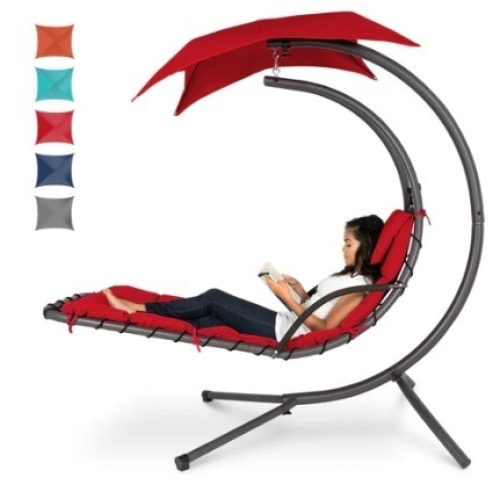 Hanging Curved Chaise Lounge Chair w/ Built-In Pillow & Removable Canopy, Red - Lot 193