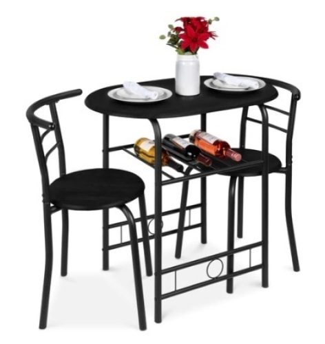 3-Piece Wooden Table & Chairs Dining Set w/ Lower Storage Shelf, Black - Lot 194