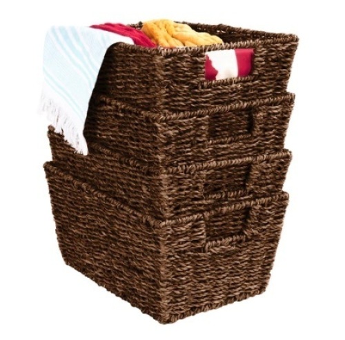 Set of 4 Seagrass Storage Tote Baskets, Laundry Organizer w/ Insert Handles, Brown - Lot 402