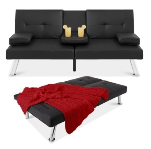 Faux Leather Upholstered Convertible Sofa Bed Futon w/ 2 Cupholders, Black - Lot 412