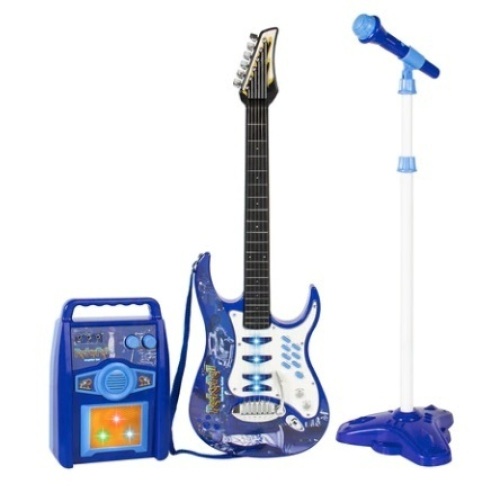Kids Electric Guitar Toy Play Set w/ 6 Songs, Microphone & Amp, Blue - Lot 418