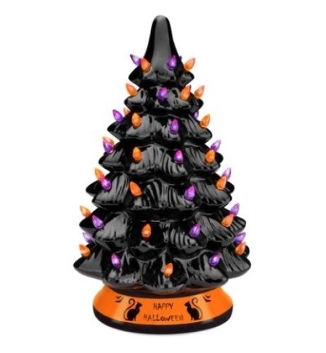 Pre-Lit 15in Ceramic Halloween Tree w/ Orange & Purple Bulb Lights - Lot 426