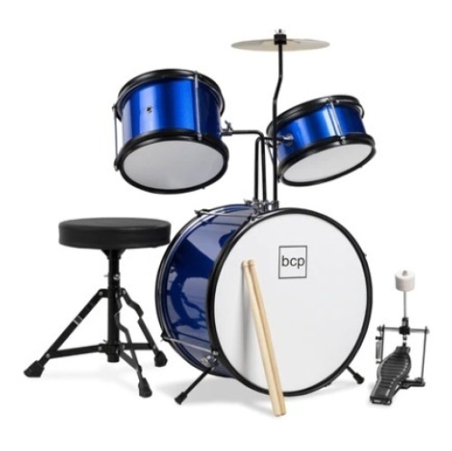 Kids Beginner 3-Piece Drum, Musical Instrument Set w/ Sticks, Stool, & Pedal, Blue - Lot 430