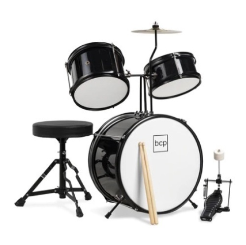 Kids Beginner 3-Piece Drum, Musical Instrument Set w/ Sticks, Stool & Pedal, Black - Lot 431