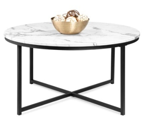 Round Coffee Table w/ Faux Marble Top, Black Metal Frame, 36in - Lot 435