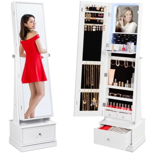 360 Swivel Mirrored Jewelry Cabinet Armoire w/ LED Lights, Mirror - Lot 3249