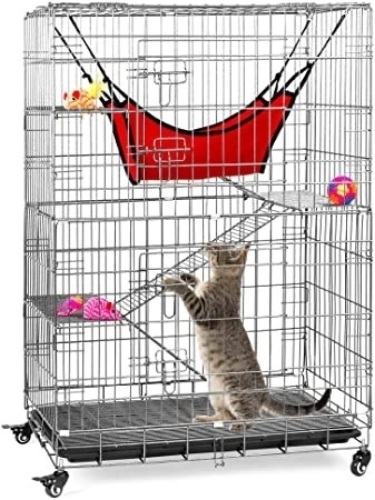 30x19x43in 4-Tier Steel Cage Playpen Kennel Crate for Cats and Small Animals w/Hammock, Rolling Wheels, Adjustable Shelves & Ramps, Removable Tray - Lot 512
