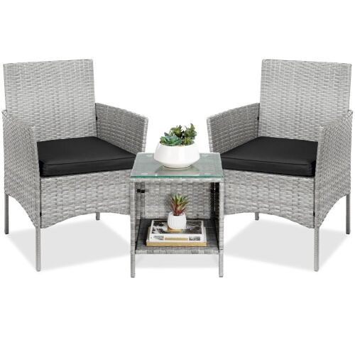 3-Piece Outdoor Patio Wicker Bistro Set w/ Side Storage Table - Lot 524
