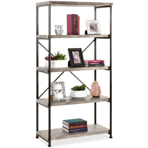 5-Tier Industrial Bookshelf w/ Metal Frame, Wood Shelves - Lot 535