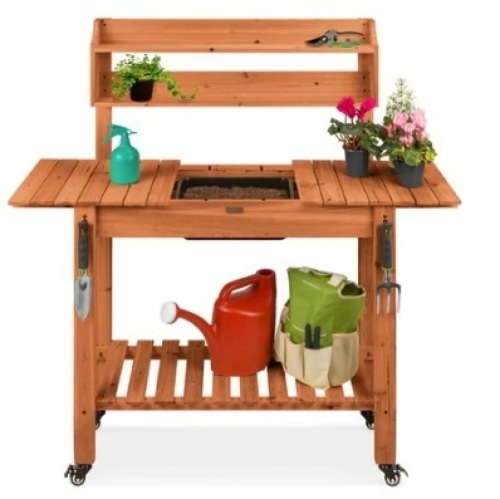 Pre-Stained Wood Garden Potting Bench w/ Sliding Tabletop, Dry Sink, Wheels  - Lot 685