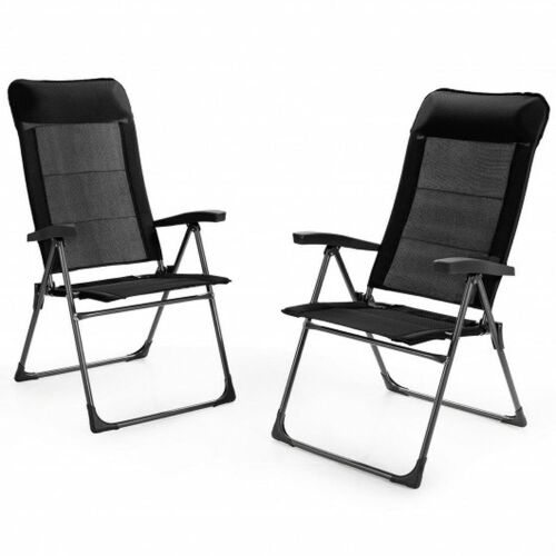 2 Piece Portable Patio Folding Dining Chairs With Headrest Adjust For Camping -Black - Lot 175