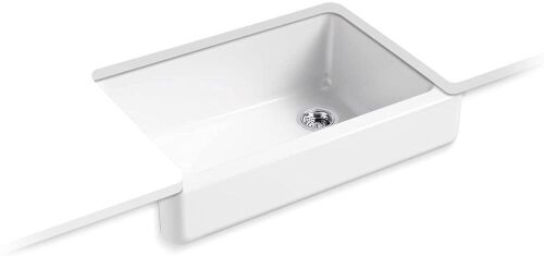 KOHLER 5826-0 Whitehaven Farmhouse Self-Trimming Undermount Single-Bowl Sink with Short Apron, 33, White - Lot 17