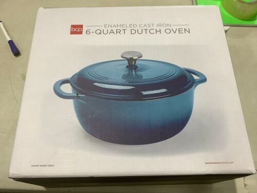 6qt Non-Stick Enamel Cast-Iron Dutch Oven Kitchen Cookware w/ Side Handles - Lot 476