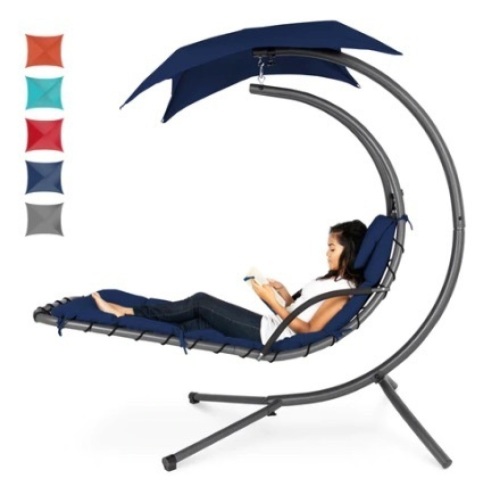 Hanging Curved Chaise Lounge Chair w/ Built-In Pillow & Removable Canopy, Navy Blue - Lot 360