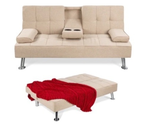 Linen Upholstered Convertible Sofa Bed Futon w/ 2 Cupholders, Biege - Lot 361