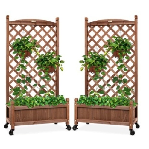 Set of 2 Wood Planter Box & Lattice Trellis w/ Optional Wheels, 48in - Lot 369