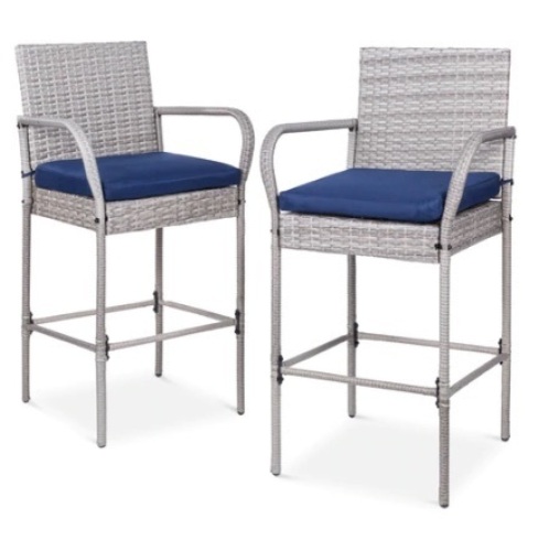 Set of 2 Indoor Outdoor Wicker Bar Stools w/ Cushion, Footrests & Armrests, Gray/Navy - Lot 373