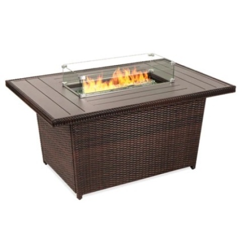 Wicker Propane Fire Pit Table, 50,000 BTU w/ Glass Wind Guard, Cover, 52in, Brown - Lot 381