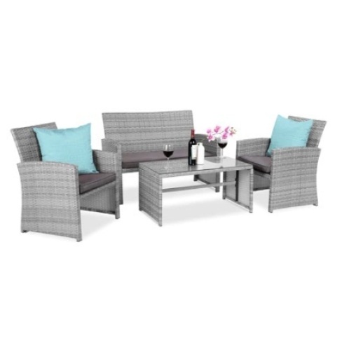 4-Piece Outdoor Wicker Conversation Patio Set w/ 4 Seats, Glass Table Top, Gray/Gray - Lot 383