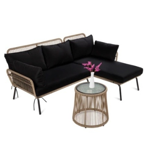 Rope Woven Sectional, L-Shape Sofa Set w/ Detachable Lounger & Table, Natural/Black - Lot 384