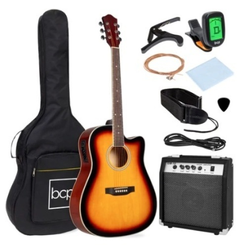 Beginner Acoustic Electric Cutaway Guitar Set w/ Case & Strap, 41in, Sunburst - Lot 250
