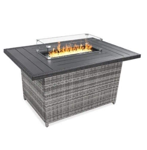 Wicker Propane Fire Pit Table, 50,000 BTU w/ Glass Wind Guard & Cover, 52in, Gray - Lot 265