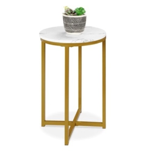 Round Coffee Side Table w/ Faux Marble Top, Metal Frame, 16in, White/Bronze Gold - Lot 278