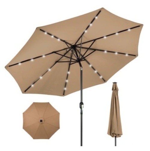 Solar LED Lighted Patio Umbrella w/ Tilt Adjustment, UV-Resistance, 10ft, Tan - Lot 284