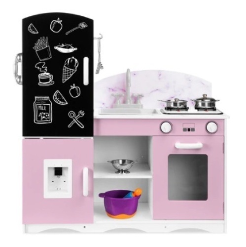 Kids Pretend Play Kitchen Cook Toy Set w/ Chalkboard, Sounds, Accessories, Pink - Lot 286
