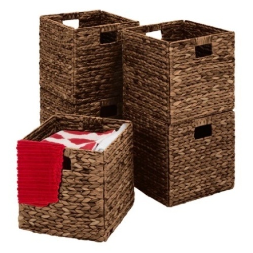 Set of 5 Collapsible Hyacinth Storage Baskets w/ Inserts,12x12in, Espresso  - Lot 290