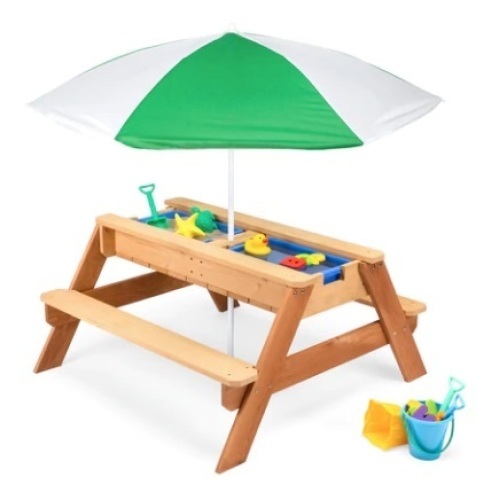 3-in-1 Kids Sand & Water Table Outdoor Wood Picnic Table w/ Umbrella, Green - Lot 292