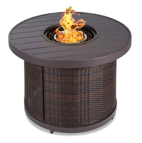 Round Fire Pit Table, 50,000 BTU Outdoor Wicker Firepit w/ Cover, 32in, Brown - Lot 308