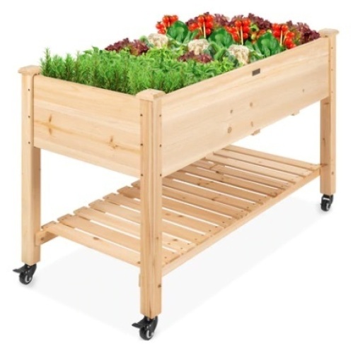 Mobile Raised Garden Bed Elevated Wood Planter w/ Wheels, Storage Shelf, 48x 23.25x 32in - Lot 317