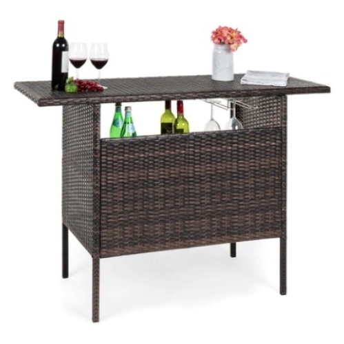 Outdoor Wicker Bar Counter Table w/ 2 Steel Shelves & 2 Rails - Lot 325