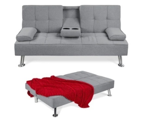 Linen Upholstered Convertible Sofa Bed Futon w/ 2 Cupholders, Gray - Lot 326