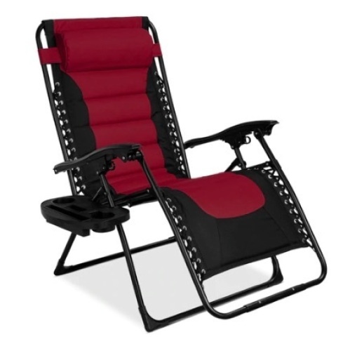 Oversized Padded Zero Gravity Chair, Folding Recliner w/ Headrest & Side Tray, Burgundy - Lot 328