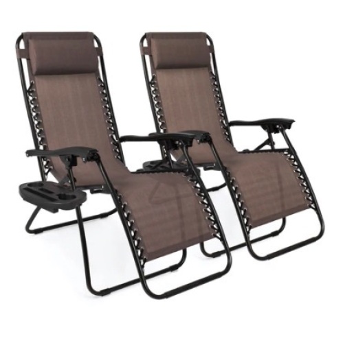 Set of 2 Adjustable Zero Gravity Patio Chair Recliners w/ Cup Holders, Brown - Lot 336