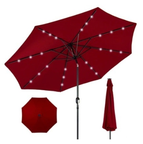 Solar LED Lighted Patio Umbrella w/ Tilt Adjustment, UV-Resistance, 10ft, Red - Lot 345